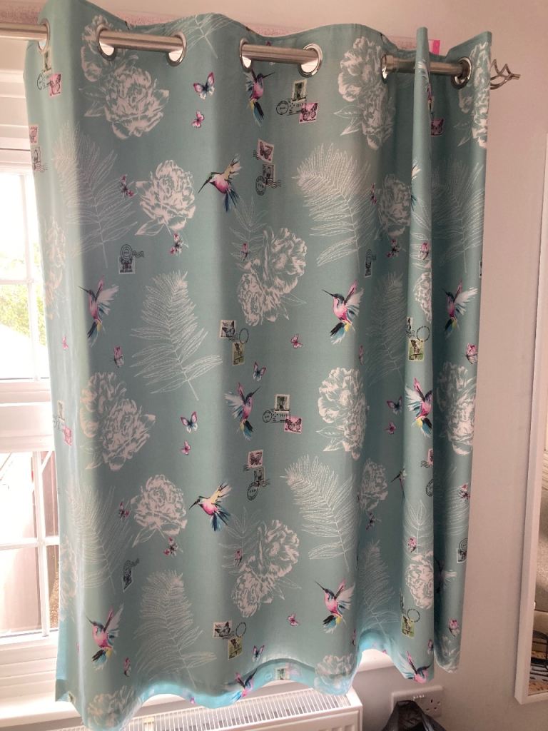 Turquoise Blackout curtains, 3 matching cushions and Computer chair kids bedroom hummingbird Dunelm