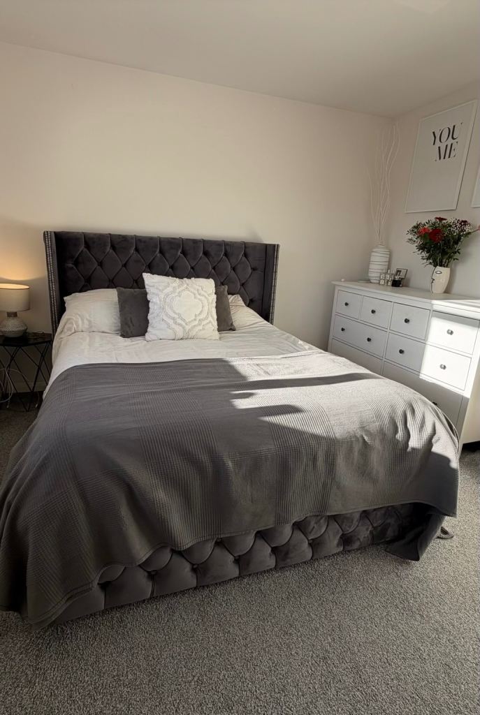 King Size Bed with Tufted Headboard – Grey Fabric, Good Condition