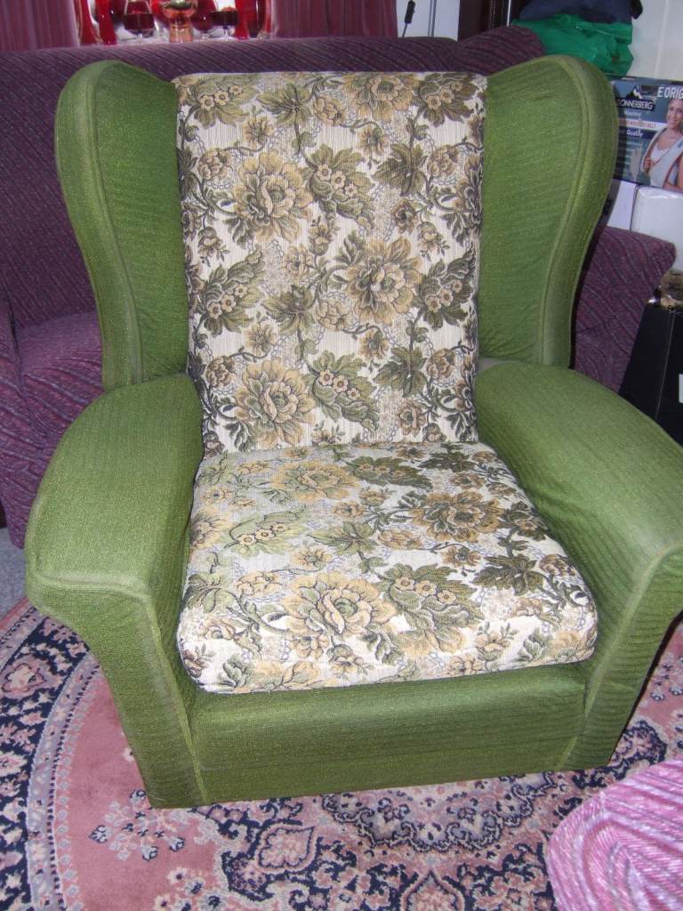 1970's, WINGED BACK 3 SEATER SETTEE & 2 ARM CHAIRS, original Green, with burgundy coverss.