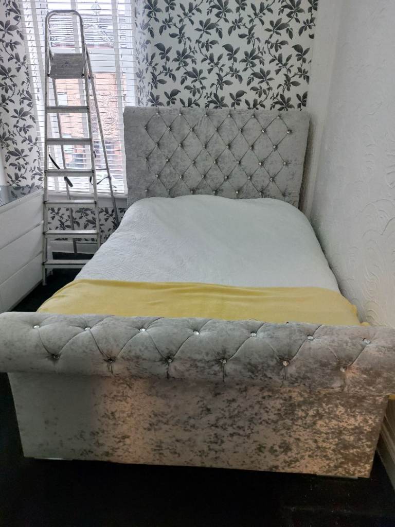 Grey velour double bed frame