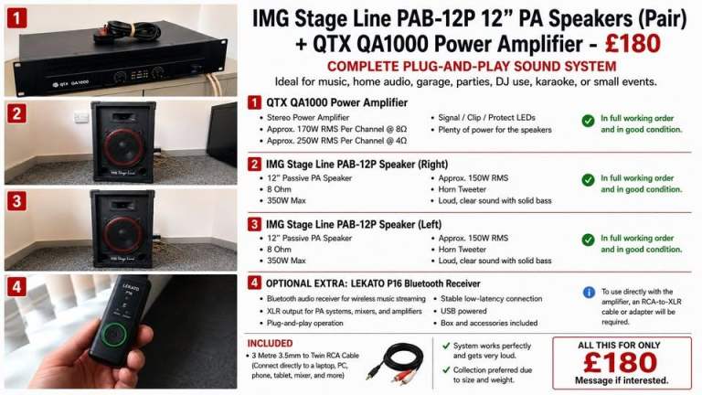 IMG Stage Line PAB-12P 12" PA Speakers (Pair) + QTX QA1000 Power Amplifier - £180