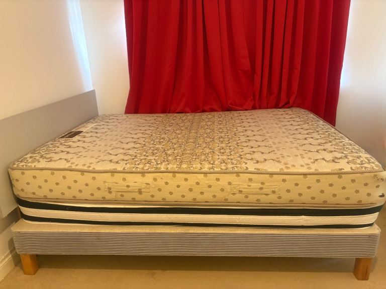 Double Mattress with bed frame - Good Condition, Beige Pattern