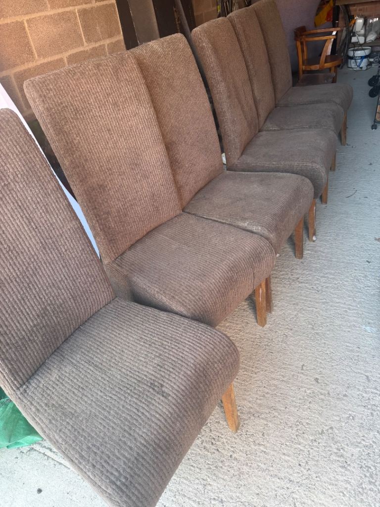 Set of 6 Brown Fabric Dining Chairs – Fair Condition