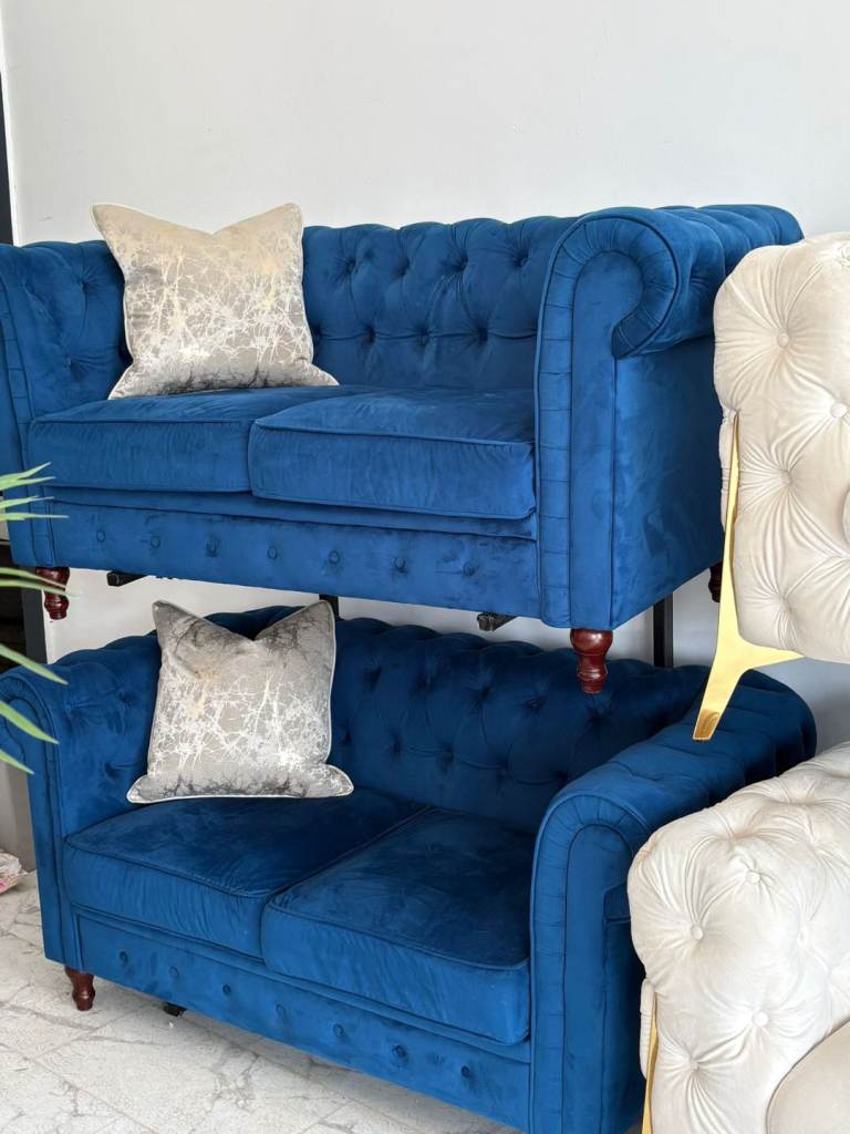 Chesterfield 2x2 Seater Sofas in Blue Velvet 