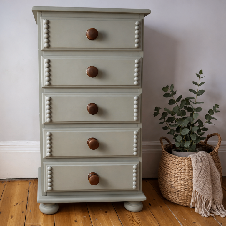 Elegant 5 Drawer Vintage Dresser Painted Sage Green - Bedroom or Living Room Storage
