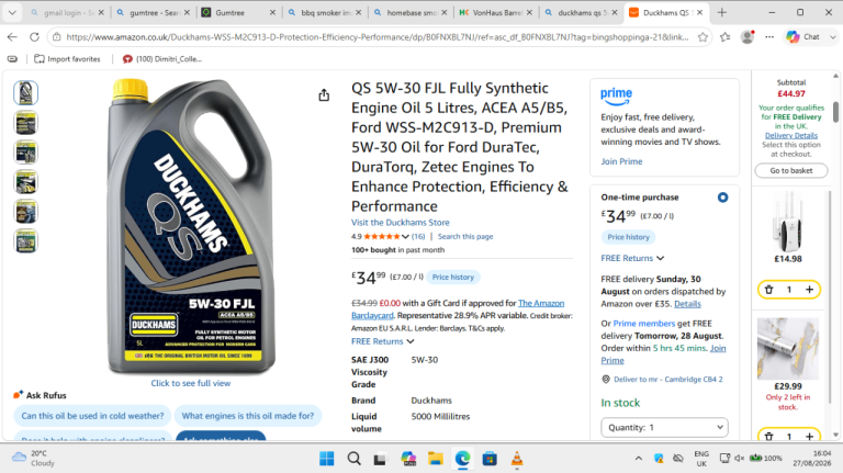 Duckhams QS 5W30 fully synthetic oil.