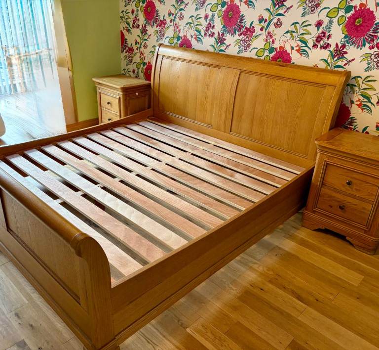 Premium Solid Oak Bedroom Set - Gillies Superking Sleigh Bed, Wardrobes, Chest & Bedsides 