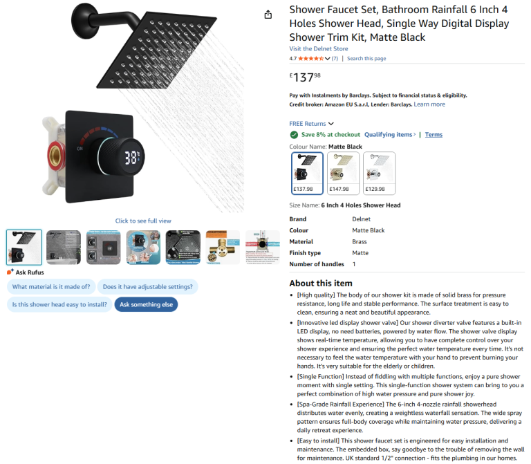 Bathroom Rainfall 6 Inch 4 Holes Shower Head, Single Way Digital Display Kit - Brand new half price