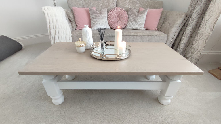 Solid oak white farmhouse cottage coffee table paint wash top 