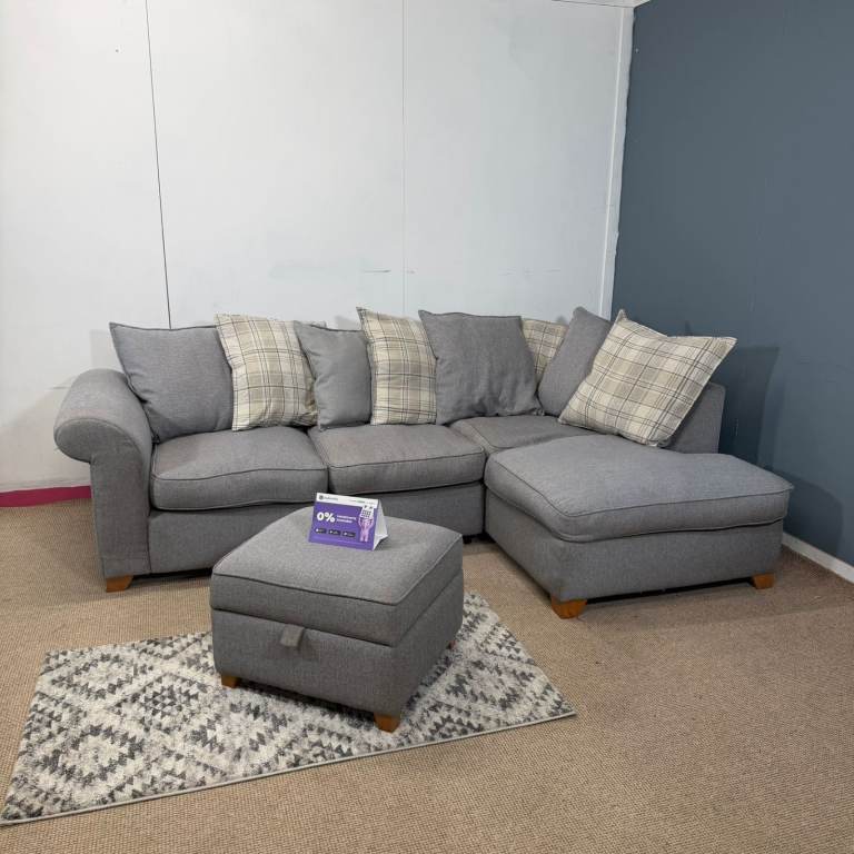 🛋️ DFS Grey Fabric Corner Sofa & Footstool - FREE DELIVERY 🚚
