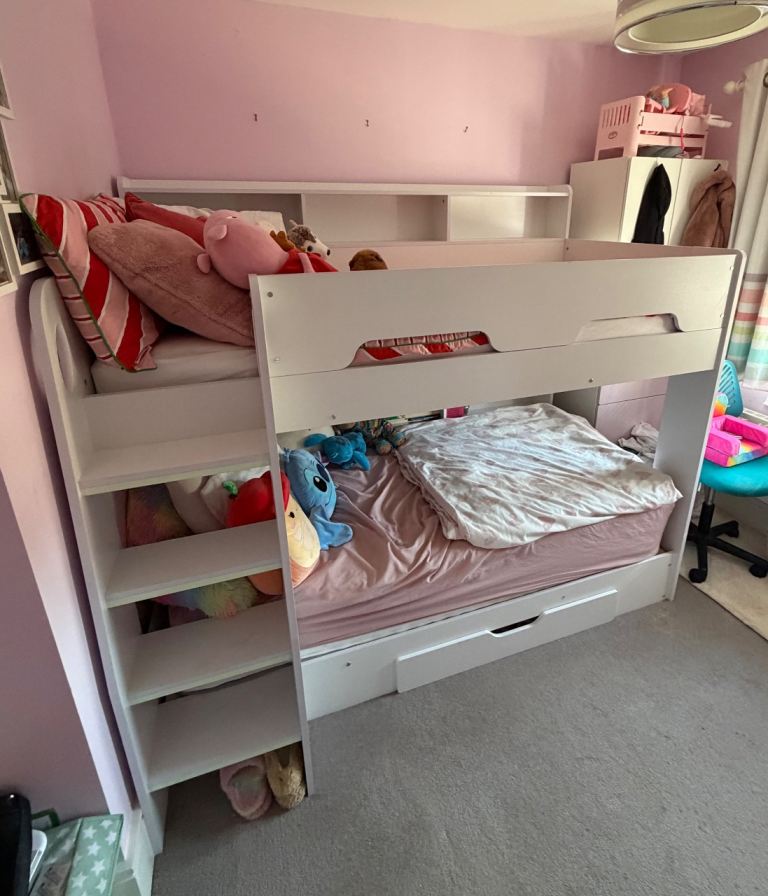 Julian Bowen Orion White Bunk Bed with Storage Drawer, Shelves & Mattresses