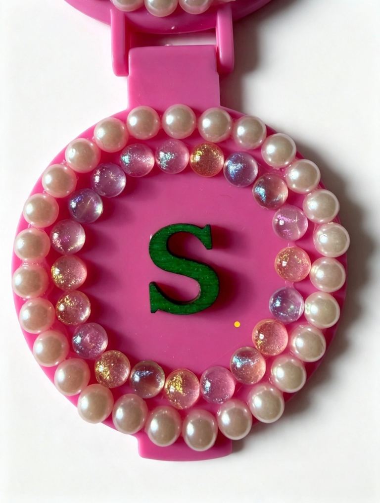 New Pink Compact Mirror with Pearl and Gem Detail – Letter 'S'