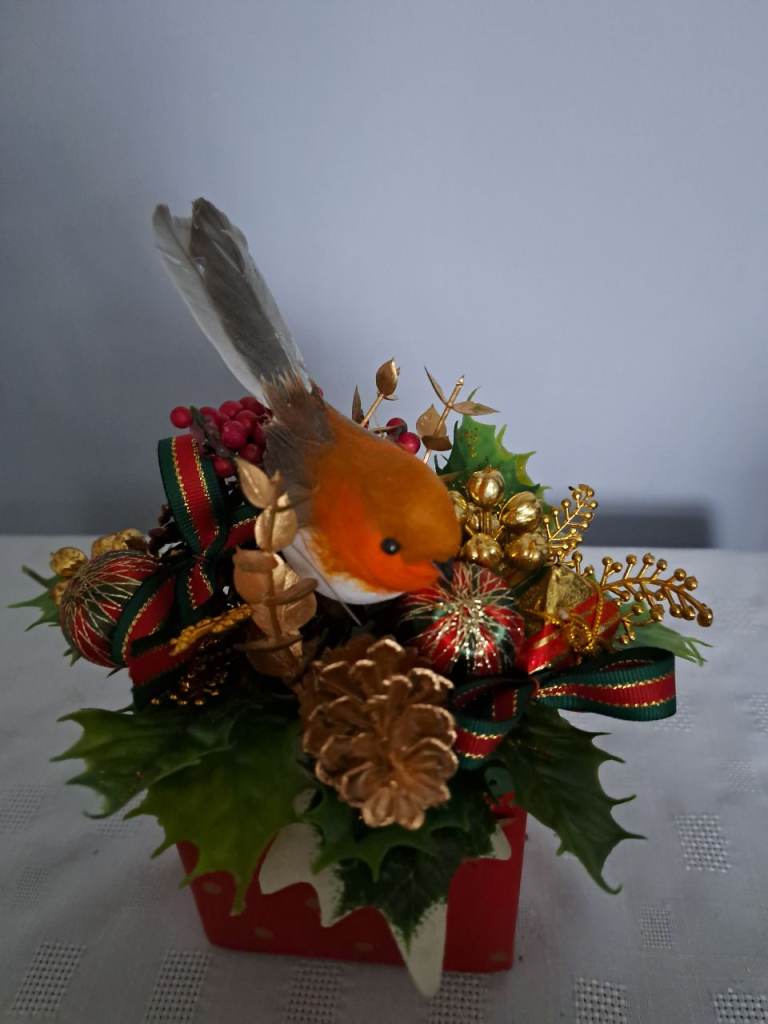 Festive Christmas Arrangement in Red Metal Pot New