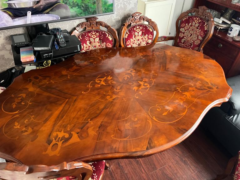 Italian Mahogany Inlaid Dining Table + Tea table & 6 Chairs 