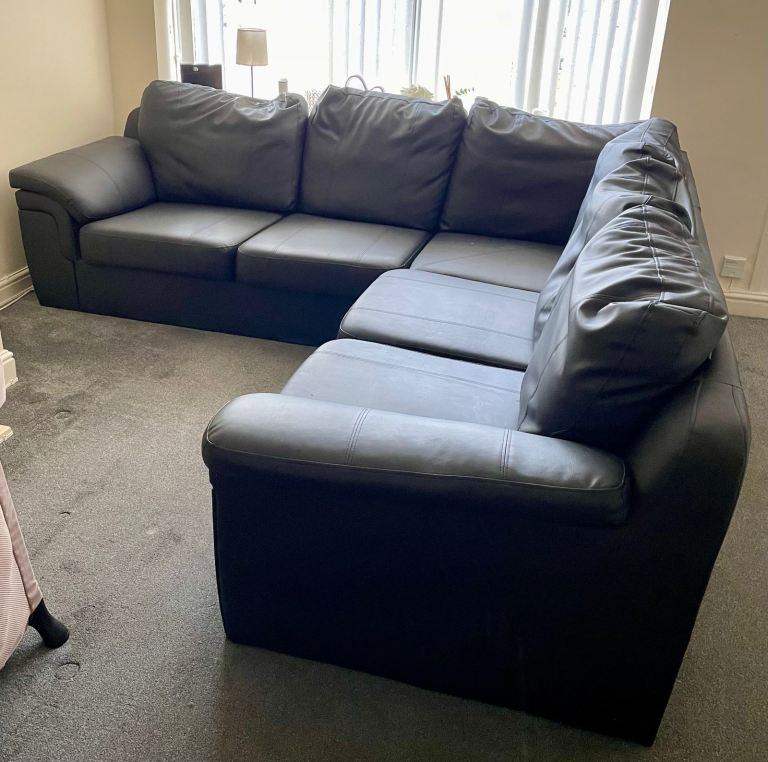 Large Black Leather Corner Sofa