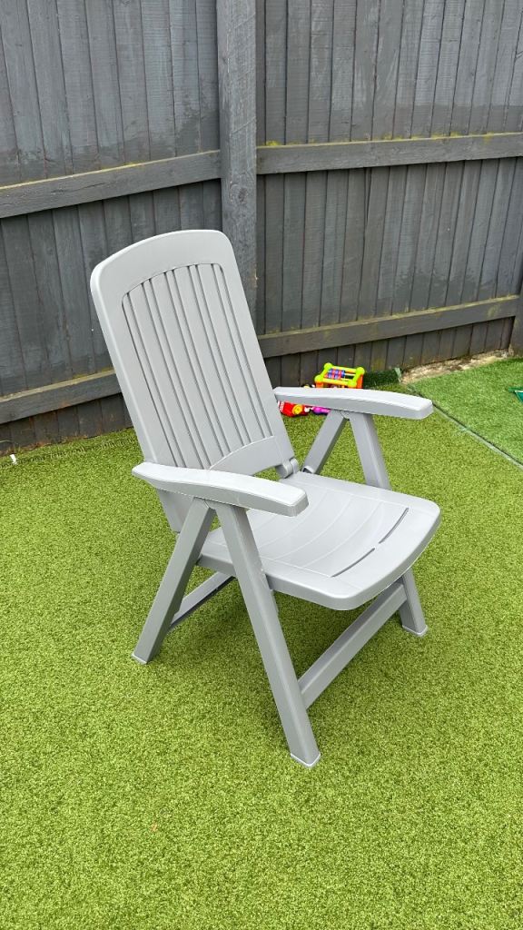Grey Folding Reclining Garden Chair Adjustable Patio Outdoor Chair With Arms