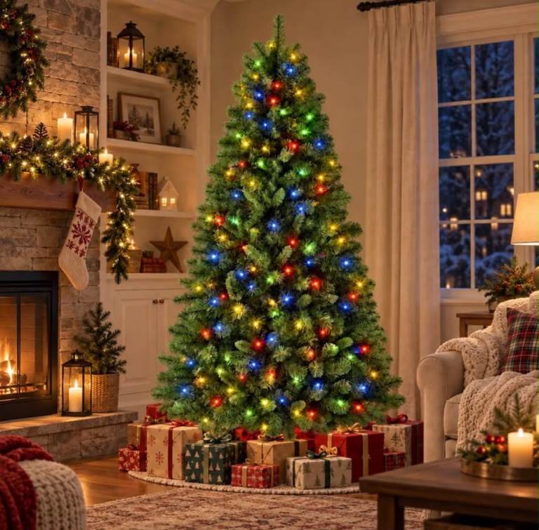 New 7FT Pre-Lit Artificial Christmas Tree, 2 Lighting Modes