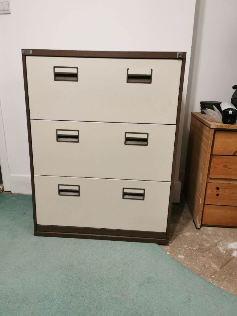 3 Drawer Triumph Steel Filing Cabinet, Coffee Cream, and 49 Foolscap Hanging Folders