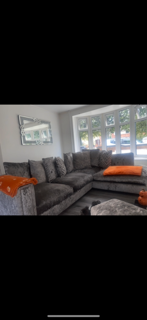 Silver grey crushed velvet corner sofa, chair & puffe 