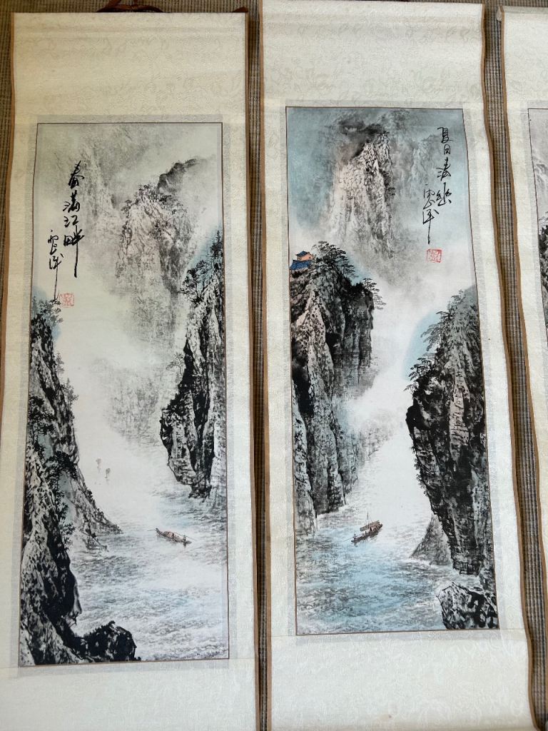 Set of four season Chinese landscape paintings scroll silk paper mountain river scene 