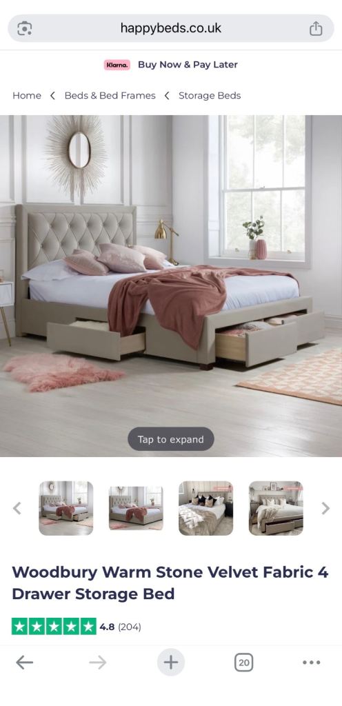 Happybeds Woodbury Warm Stone Velvet Fabric Double Bed with Storage