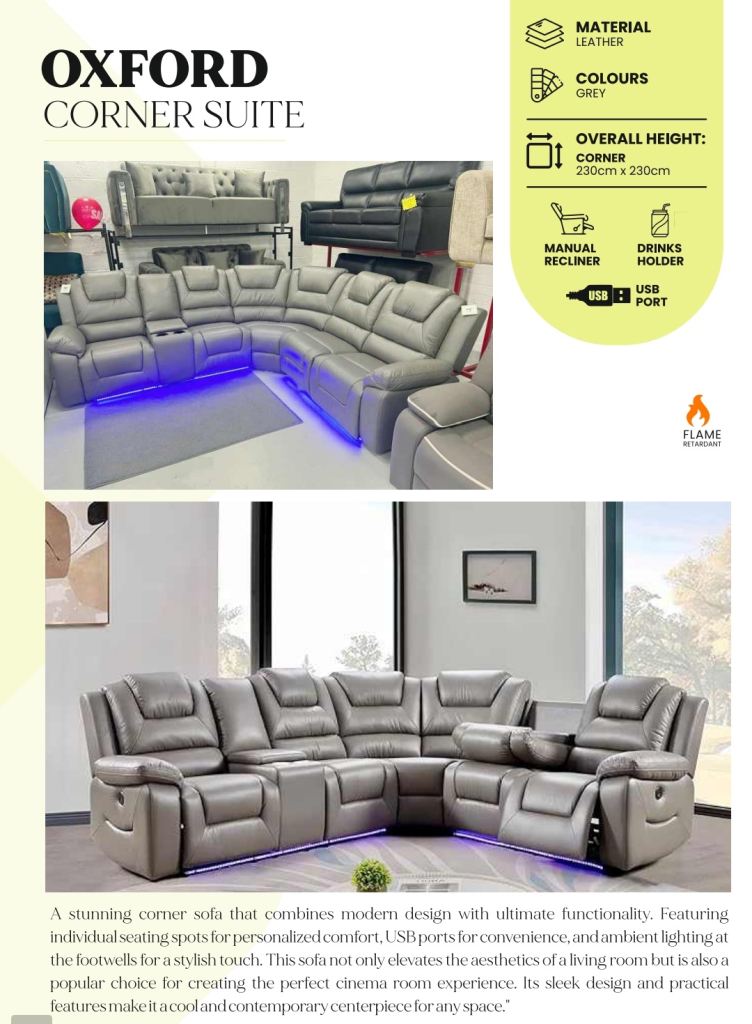 OXFORD Leather Corner Suite – Recliner, USB Port, LED Lighting