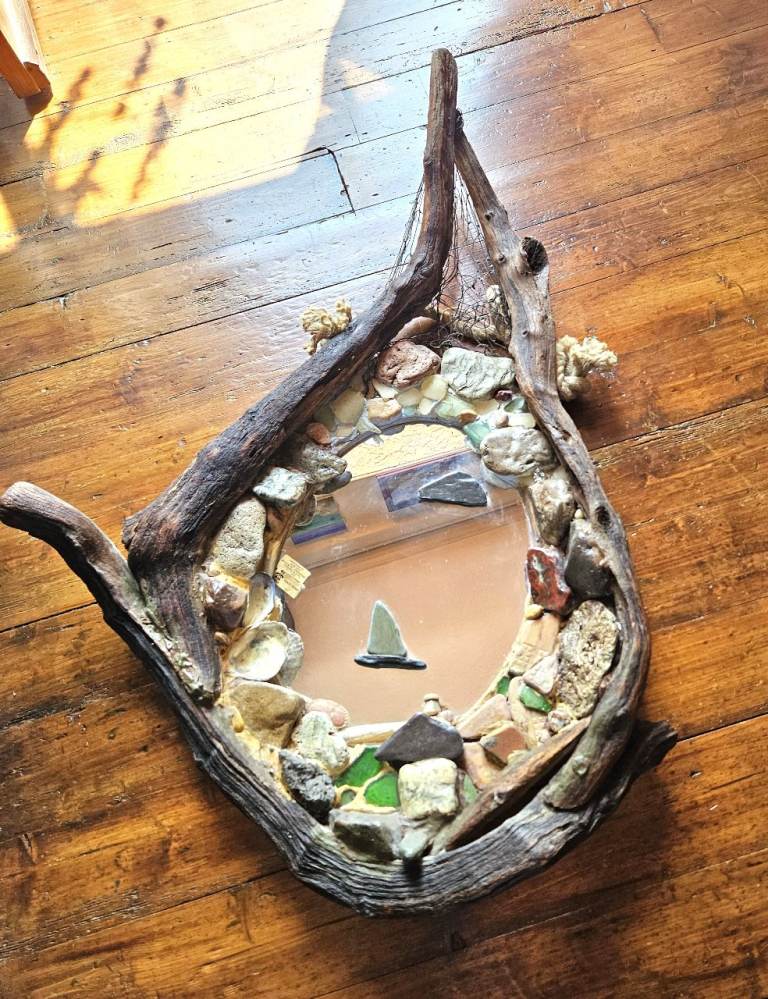 Large Nautical Design Mirror, Multimedia Collage, Driftwood, Net, Pebbles, One off, Beautiful