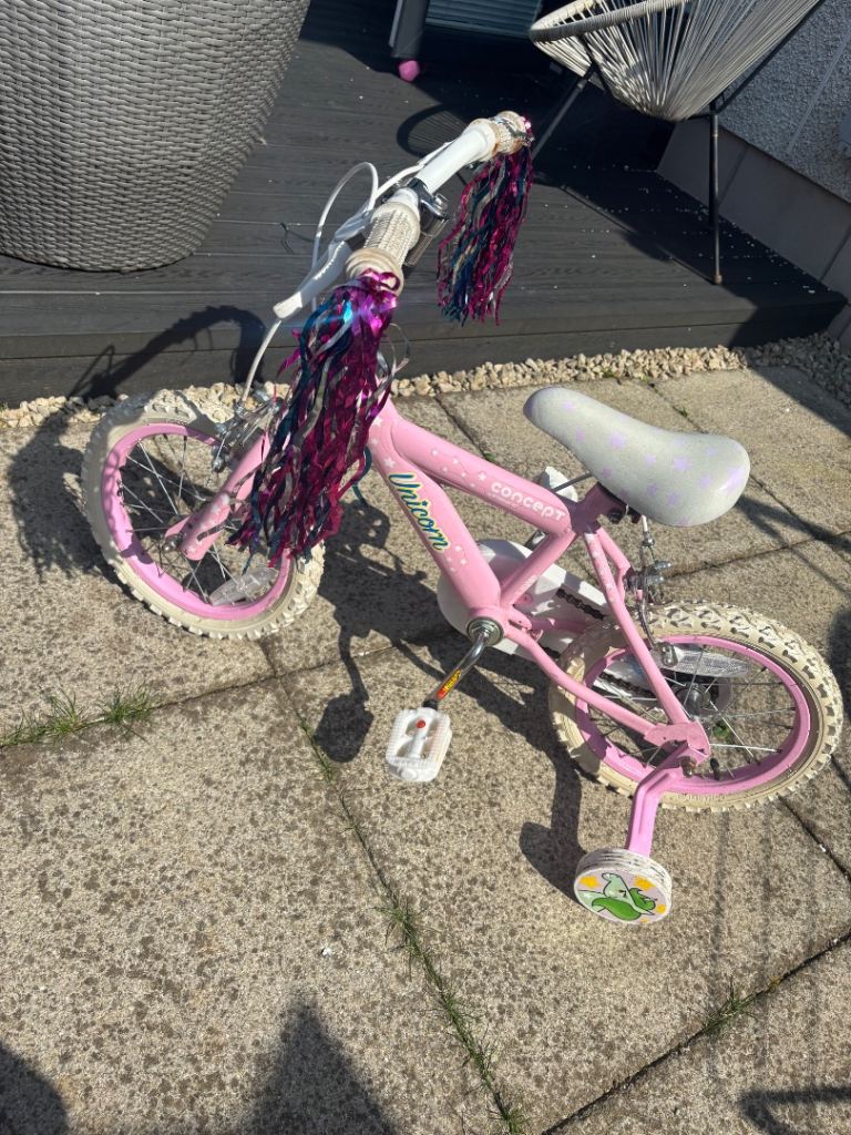 Kids unicorn bike 14 inch with stabilizers 