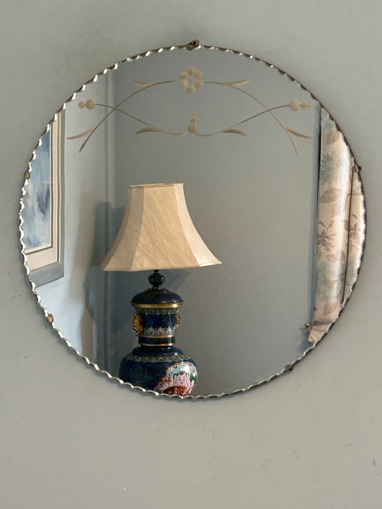 Vintage Art Deco Round Decorative Mirror on Chain Scalloped Edge Dia 18in 46cm Good condition  J285