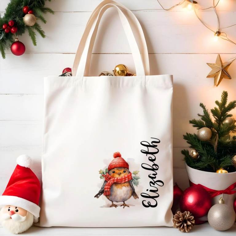 Personalised Tote Bag, Robin Gift, Christmas Gift For Her, Canvas Tote Bags