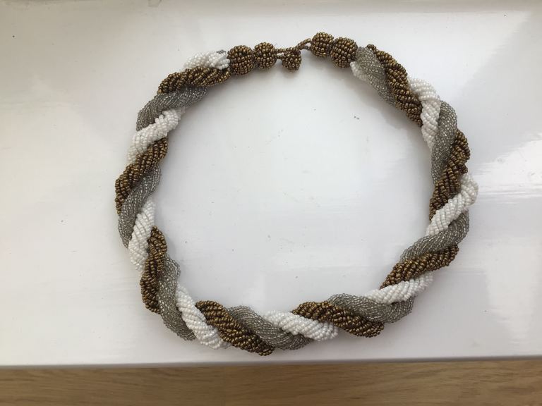 Twisted Beaded Necklace – White, Silver & Gold Tones