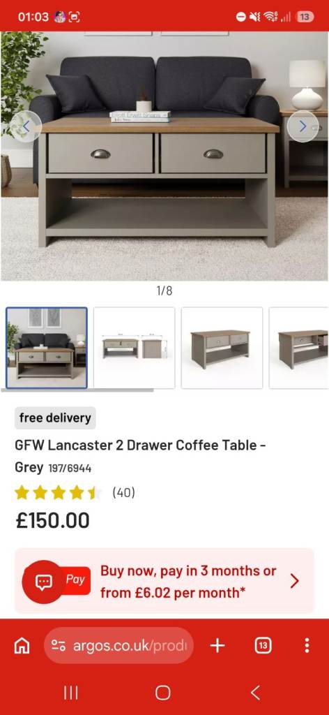 GFW Lancaster 2 Drawer Coffee Table – Grey, Brand New In Box