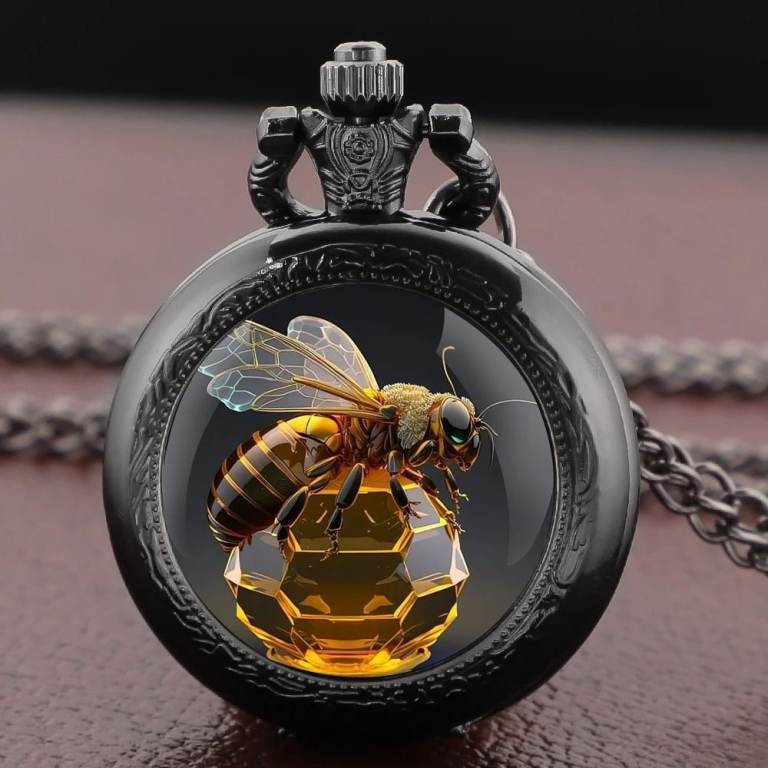 Bee & Honeycomb Pocket Watch Dome Glass Pendant Necklace with Chain, Retro Gift Clock for Beekeepers