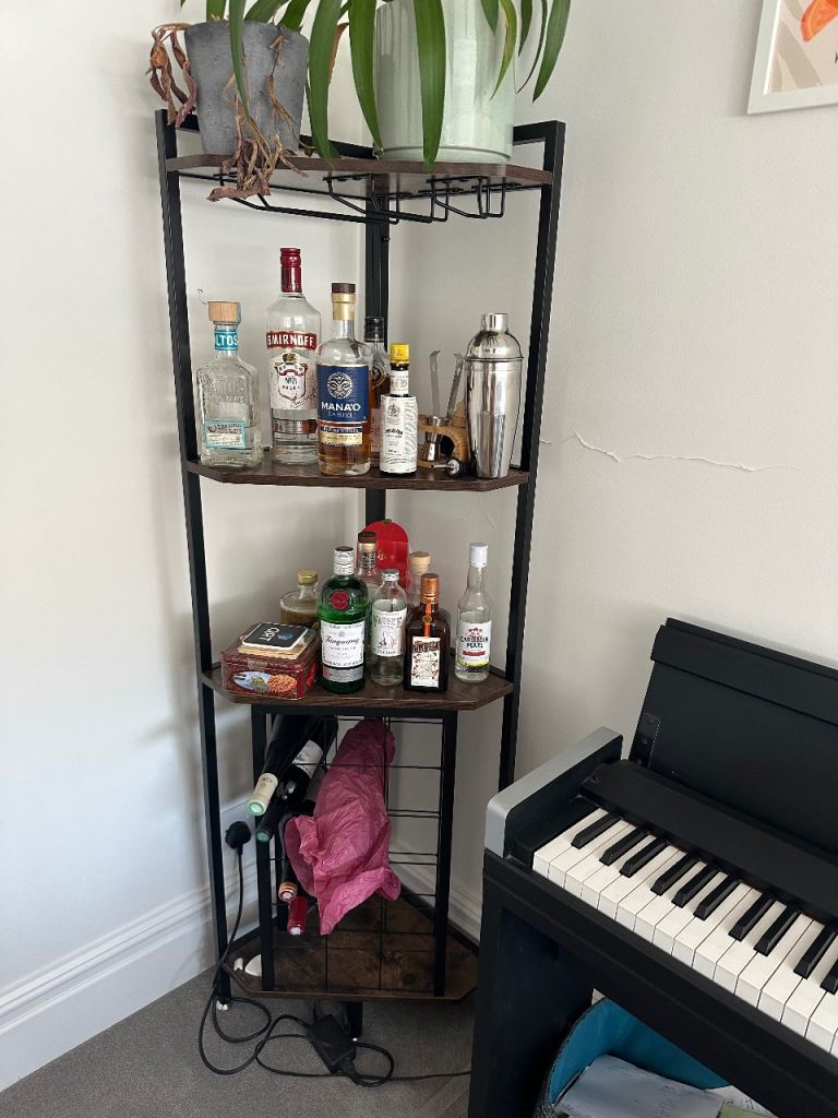 Corner Bar Shelf Unit | 4 Tiers + Wine Rack + Glass Holder