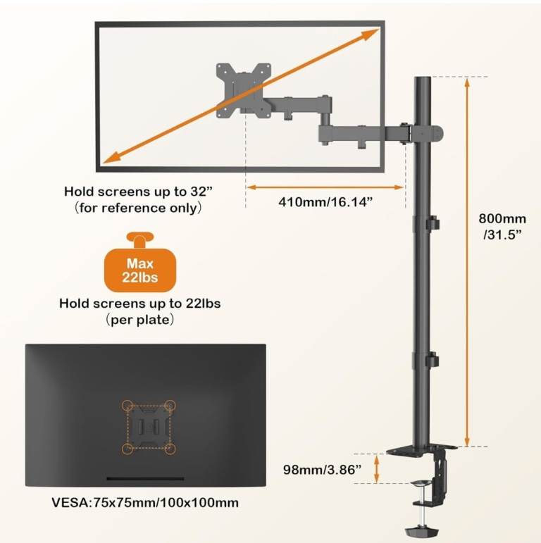 Bracwiser Single Fully Adjustable Standing Height Monitor Arm Stand Mount 800mm Tall