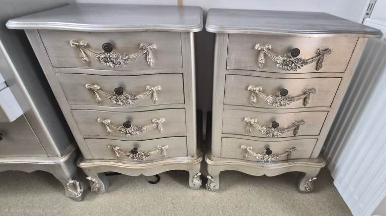 Lovely Dunelm Pair of Silver Bedside Cabinets with Decorative Handles