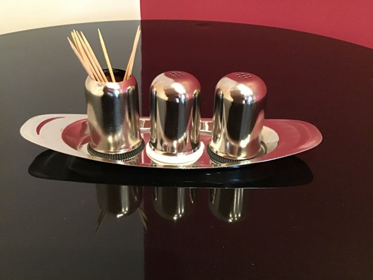 Silver Finish Salt & Pepper Set with Toothpick Holder on Tray