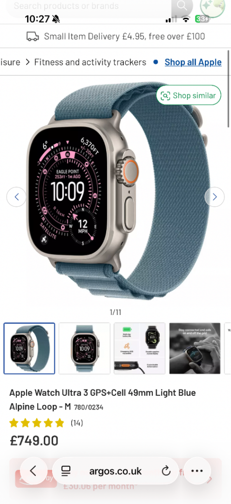 Brand New Boxed Apple Watch Ultra 3 GPS+Cell 49mm Light Blue Alpine Loop - Medium - RRP £749