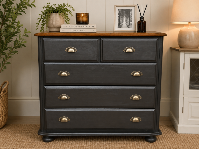 Black Chest of Drawers with Wooden Top