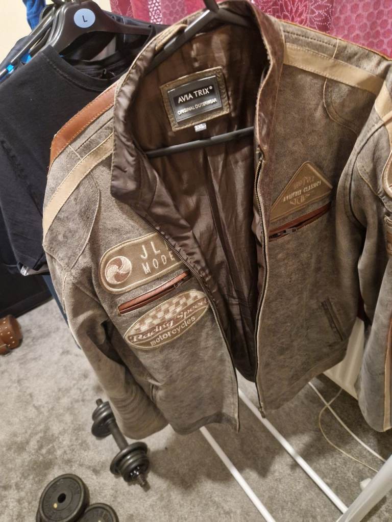 Mens Classic Retro Biker Racer Real Leather Jacket Desert Brown Grey Casual 3XL but its more 2XL