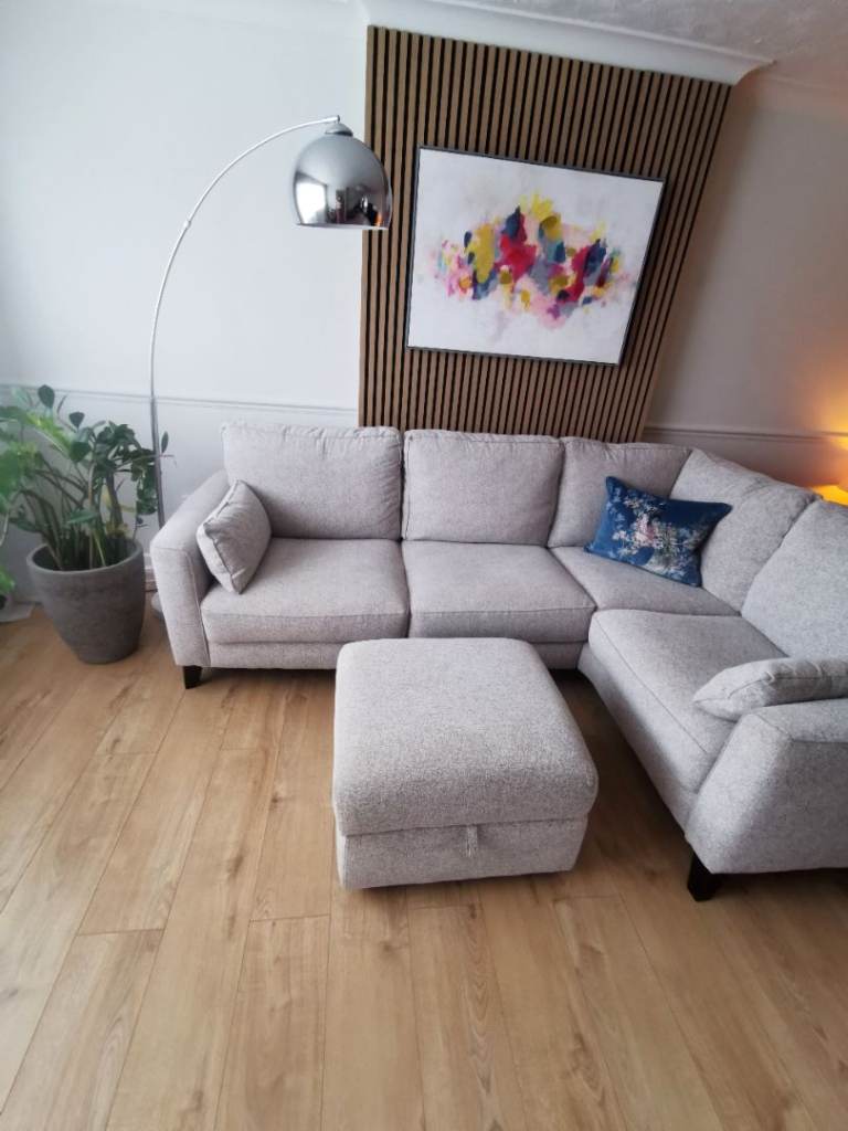 Beautiful Grey/Beige Corner Sofa with Wooden Legs and Footstool from Furniture Village. Like new