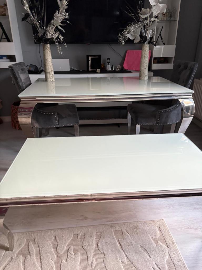 Modern White Glass Dining Table and Coffee Table Set