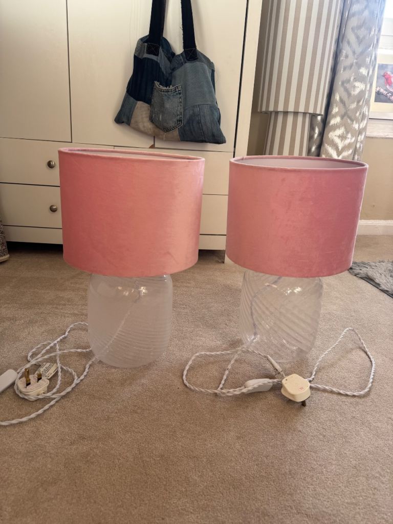 Pair of Pink Velvet & Glass Table Lamps – Good Condition