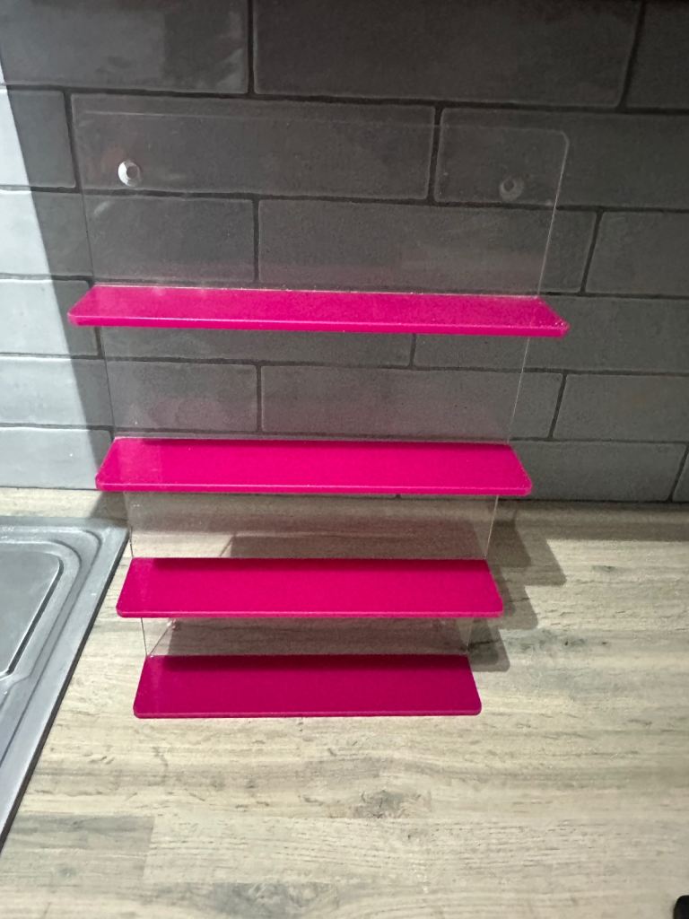 Clear Acrylic Shelf Unit with Pink Shelves – Good Condition
