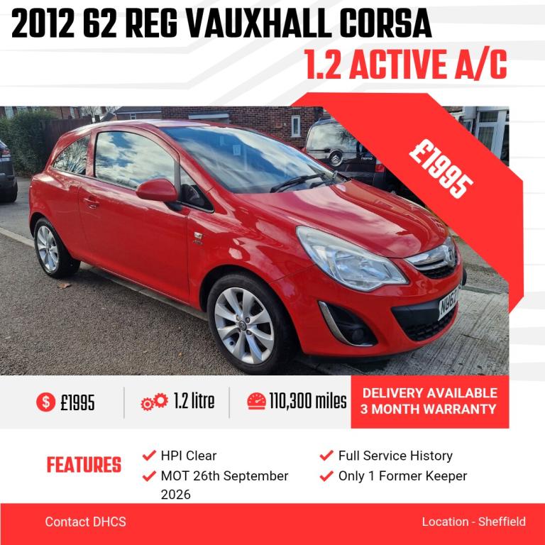 2012 Vauxhall Corsa 1.2 Active 3dr [AC] HATCHBACK Petrol Manual