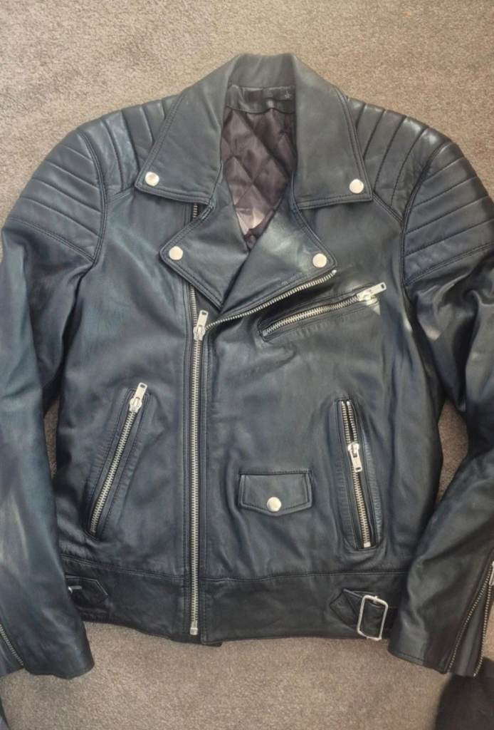 Ladiea Black Leather Biker Jacket - Size L, Good Condition