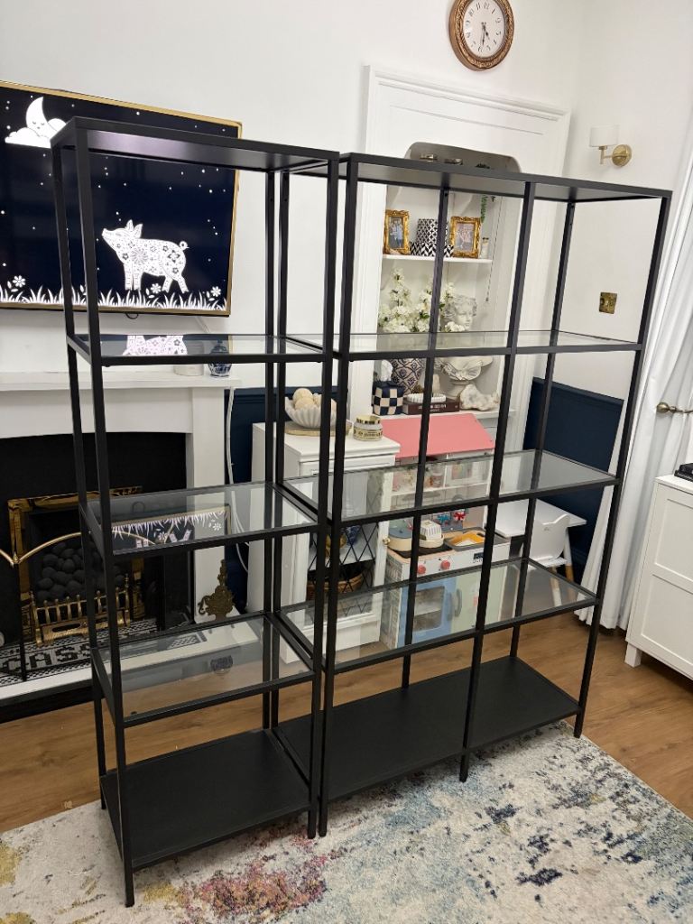 Black Metal and Glass Shelving Units – Good Condition