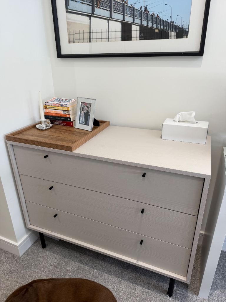 White Chest of Drawers with Secured Walnut Tray