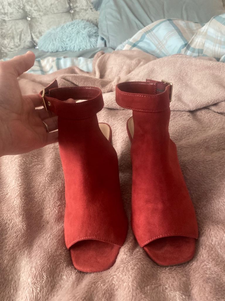 Red Suede Peep-Toe Heels – Ankle Strap, Good Condition