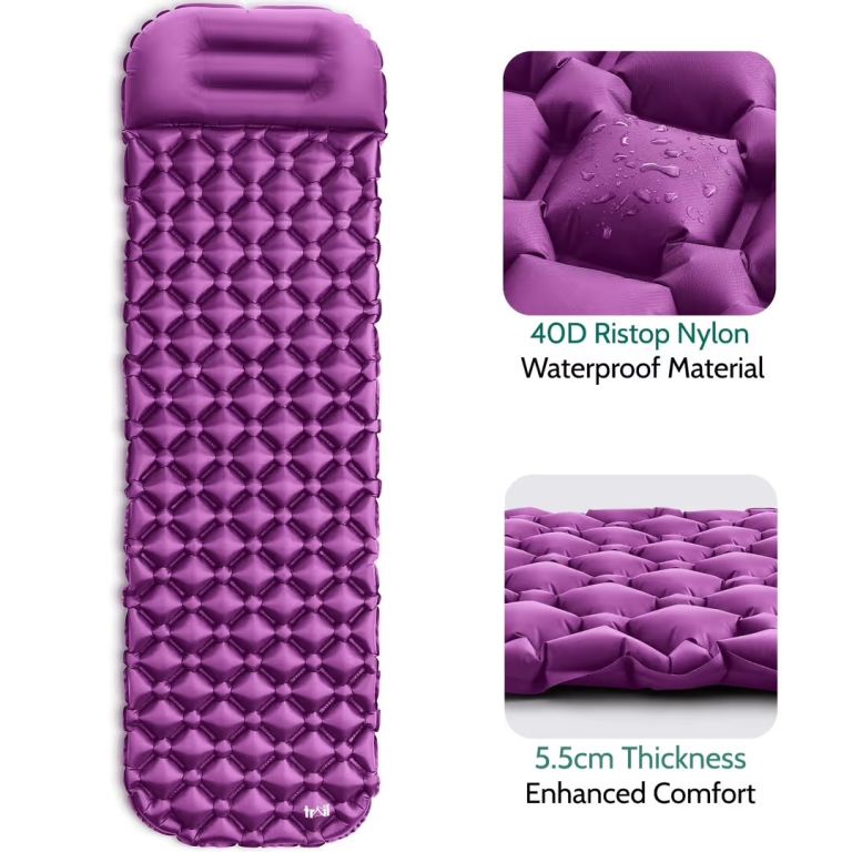 Ultra Lightweight Sleeping Mat with Pillow – Inflatable Camping Mat for Hiking & Backpacking